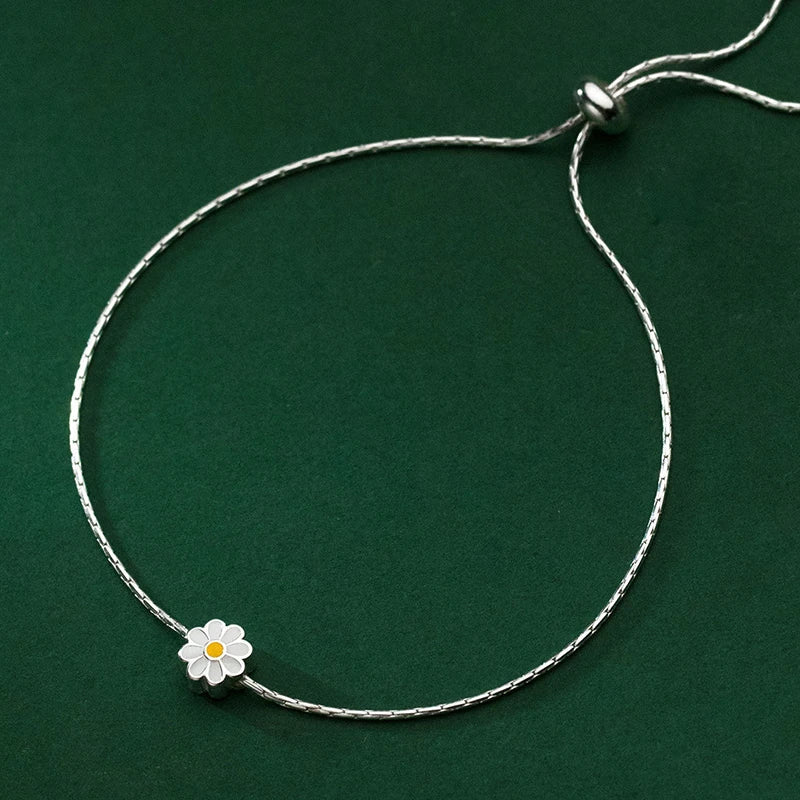 Enamel Daisy Charms Bracelet Real 925 Sterling Silver Link Chain  Lucky Adjustable  Bracelets For Women Fine Jewelry