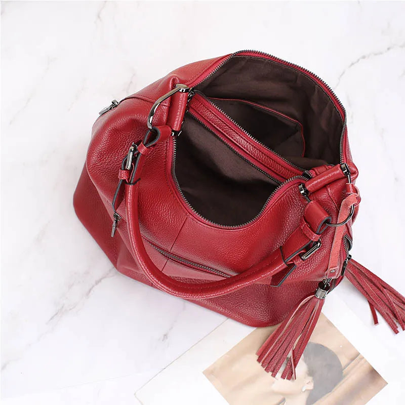 Fashion Tassel Women Shoulder Bag 100% Genuine Leather Daily Shopping Hobos Classic Large Red Tote Handbag Crossbody Bag