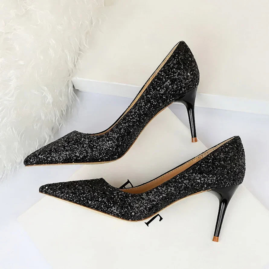 Women Luxury Bling Red  Blue Valentine Party Scarpins Pumps Lady Glitter Sequins 7cm 9.5cm High Heels Designer Shoes Plus Size