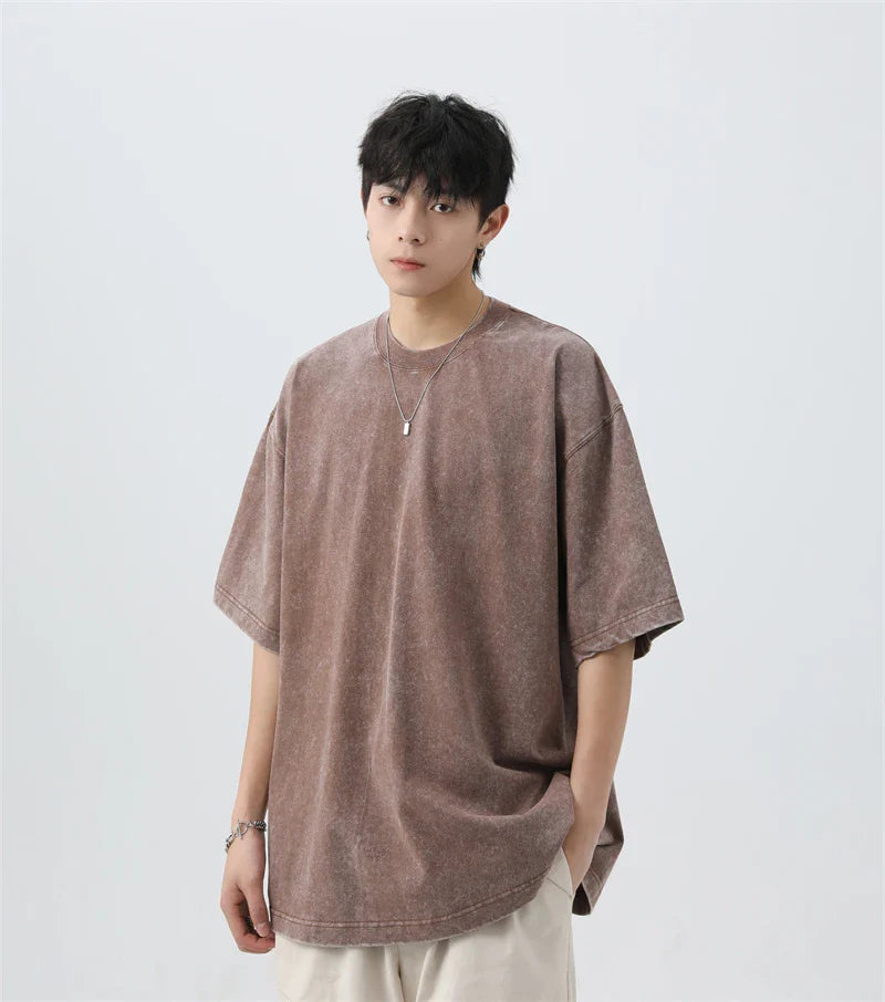 Japanese Korean Style Stir Fried Snowflake Washed T-Shirts Men Women Cotton Heavyweight Summer Hip Hop Streetwears Short Sleeved