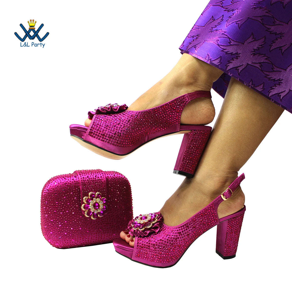 Special Design Women Crystal Style African Ladies Party Shoes Matching Bag in Magenta Color