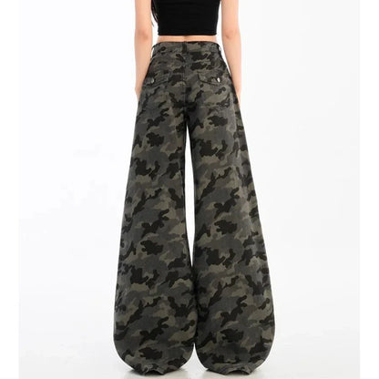 Girls High Waist Vintage Camouflage Jeans Pants