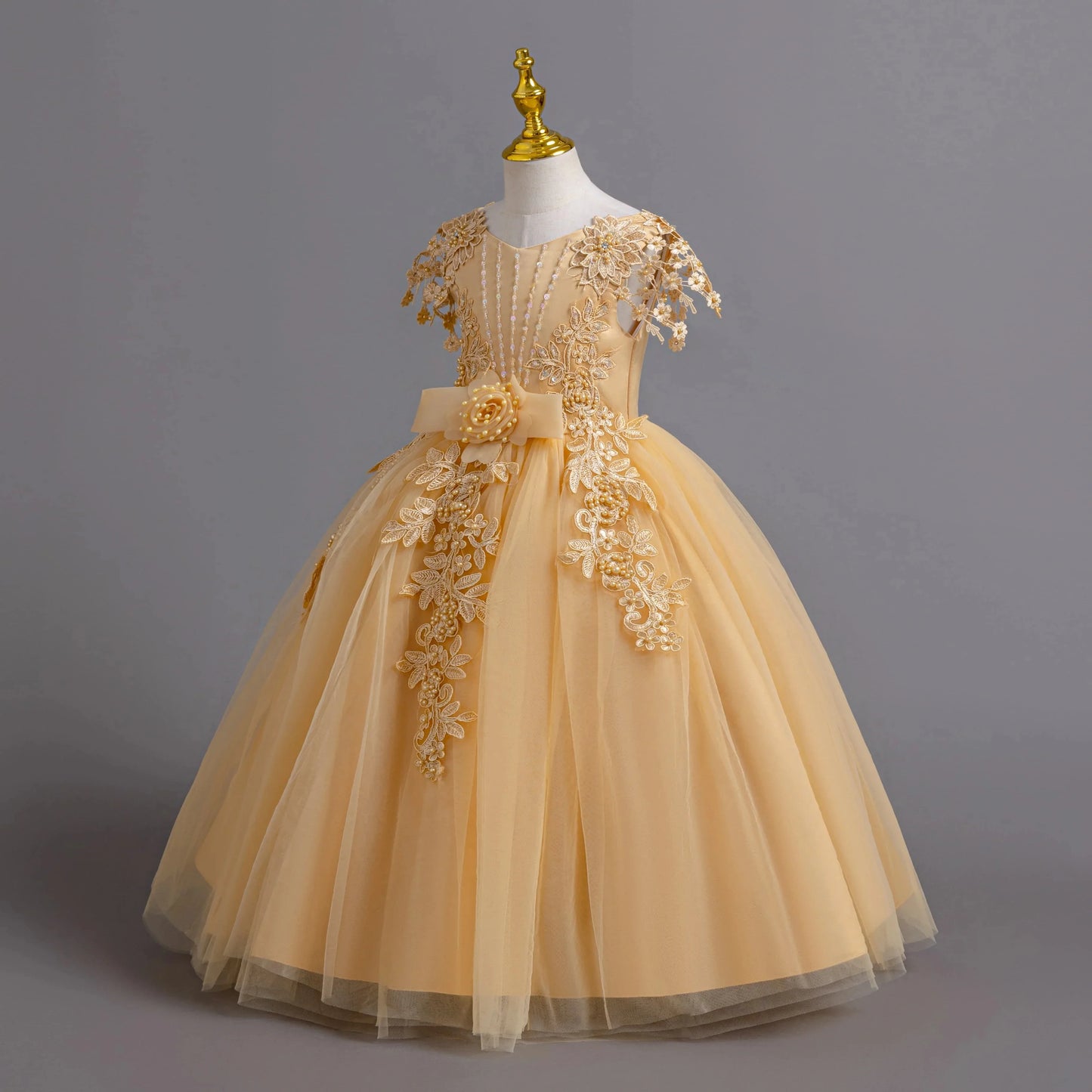 Lace up Tulle Flower Girl Dress Chest with flowers First Communion Ball Gown Wedding Party Bridesmaid Dress Kids 12Y