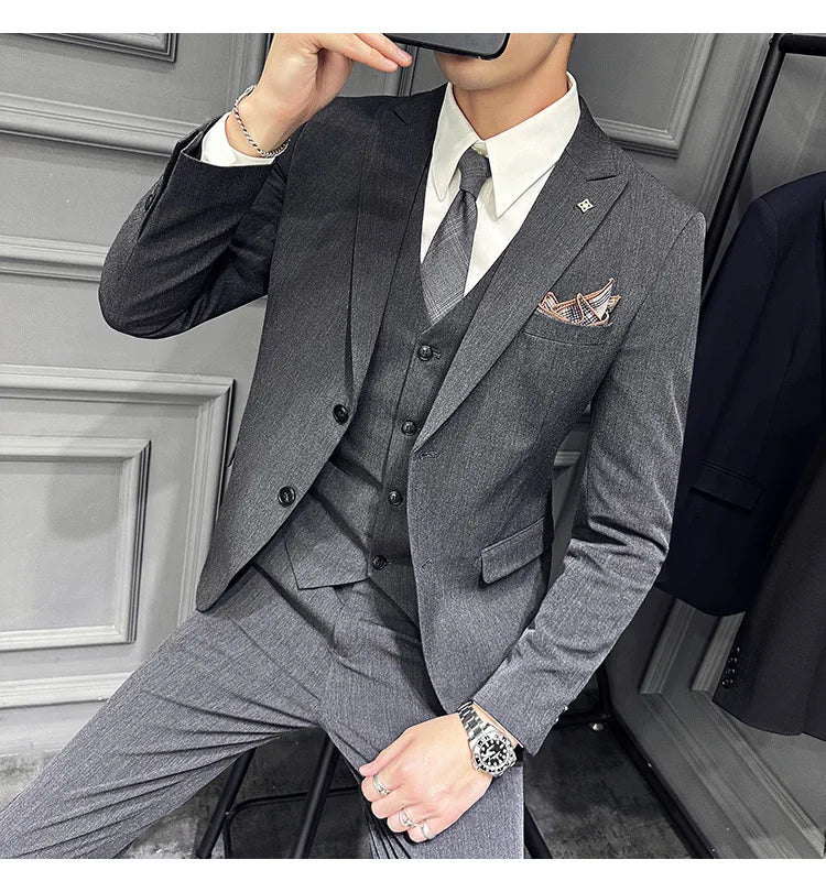 Slim Fit Men's Three Piece Suit Thin Single Button Notch Lapel Casual Fashion Cotton Blend Spring Autumn Wear for Youth