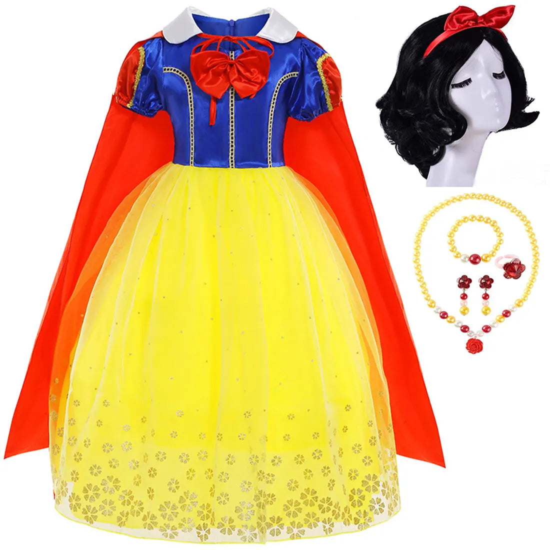 Vestido Laranja Disney Princesa Cosplay de Manga Curta Fofo com Renda para Meninas + Capa + Conjunto de Acessórios Presente de Aniversário