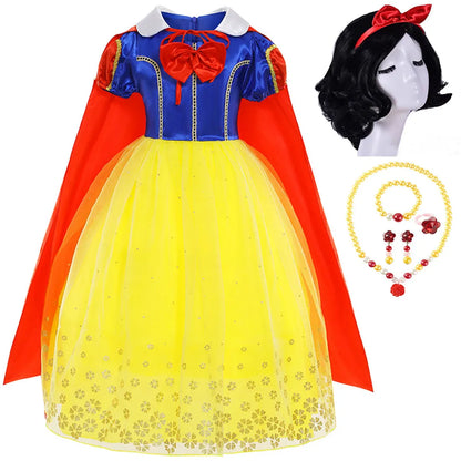 Vestido Laranja Disney Princesa Cosplay de Manga Curta Fofo com Renda para Meninas + Capa + Conjunto de Acessórios Presente de Aniversário