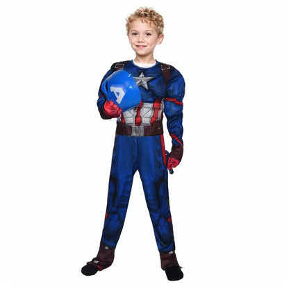 2025Kids Anime Superhero Costume Captain America Muscle Jumpsuit with Shield and Mask Cloak for Halloween Carnivals Cosplay Suit