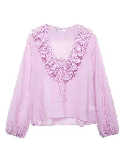Women Fashion Long Sleeve V Neck Tierred Ruffles Loose Blouse Female Solid Color Casual Shirts Blusas Chic Tops LS6317