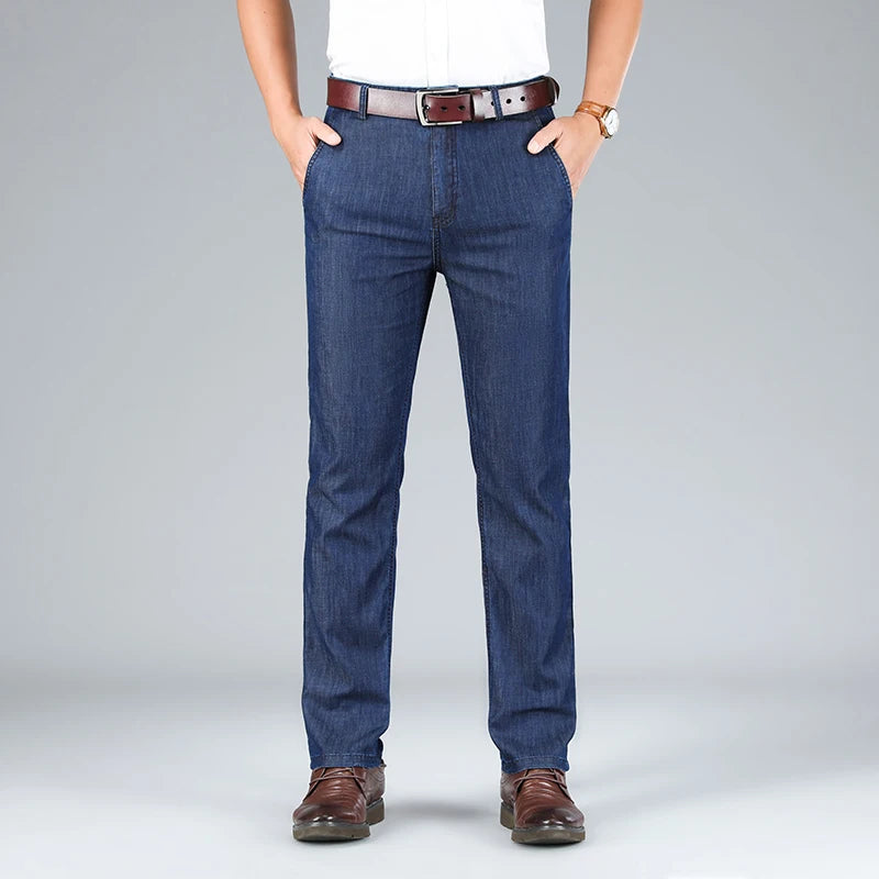 2026 Thin Stretch Denim Business Casual High Waist  High Lyocell  Men's Fit Straight Lightweight Cotton  Light Grey Jeans