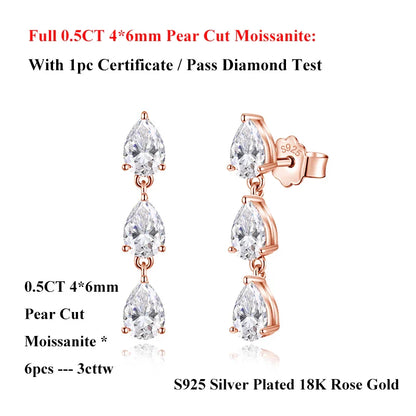 Pear Cut 3-Stone Full 3EX Moissanite Short Dangle Drop Earrings for Women s925 Silver Teardrop Earring Party Jewelry Gift
