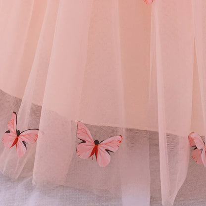 Baby Girl Clothing Summer Bow And Butterfly Pattern Halter Solid Color Mesh Baby Kids Dresses Cute Casual Baby Girl Dress ASQ03