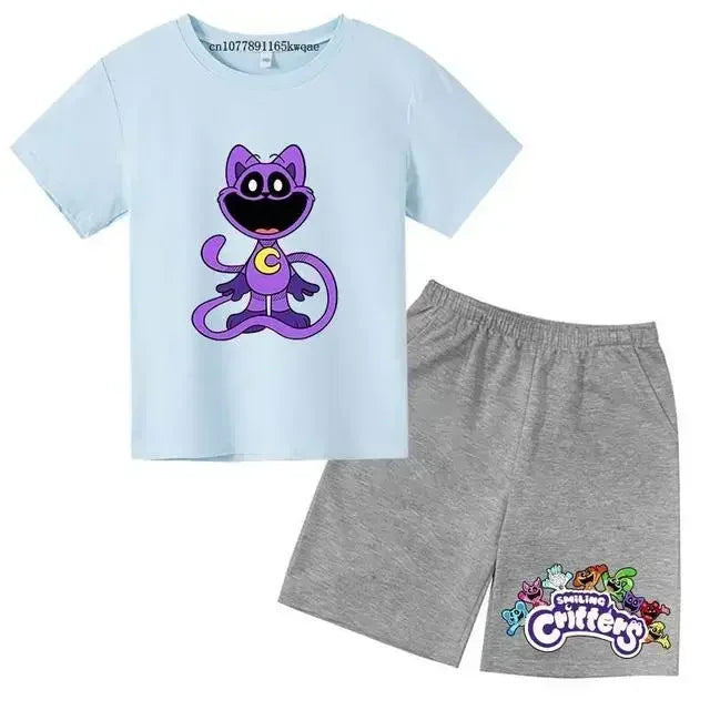 Smiling Critters Cartoon Print Kids Summer Cute 2pcs Soft T-shirts+Pants Suits 2-13Years Boys Girls Casual Sets Children Clothes