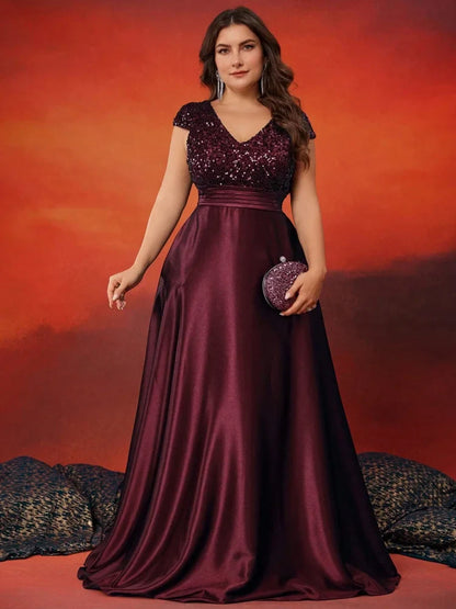 Plus Size Elegant V-Neck Red Sequins Evening Dress Long Luxury Women Satin Sleevesless Party Prom Cocktail Gowns