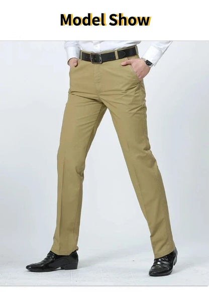 Summer Thin 100% Cotton Pants Mens Autumn Thick Suit Pant Slacks High Waist Straight Loose Bland Solid Business Casual Pants