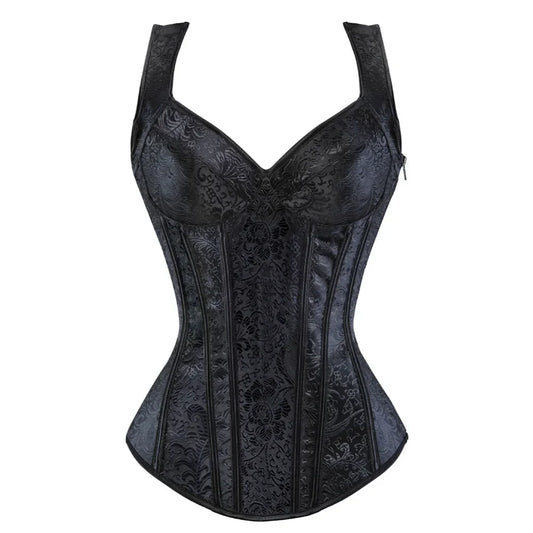 Steampunk Corset with Straps for Women Overbust Jacquard Lace-Up Bustier Vest Zipper Top Vintage Gothic Corselet Medieval Ladies