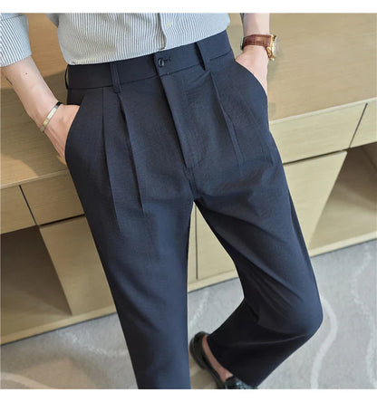 Men's Old Money Style Linen-Cotton Pleated Dress Pants – Lightweight, Semi-Elastic Waist & Wrinkle-Free for Summer