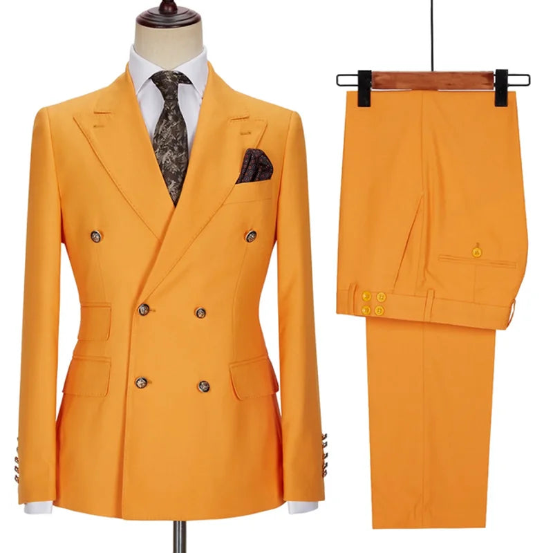 Men Suit 2 Pieces Beige Double Breasted Solid Color For Business Casual Wedding Groom Banquet Work Tuxedo Set Jacket With Pants