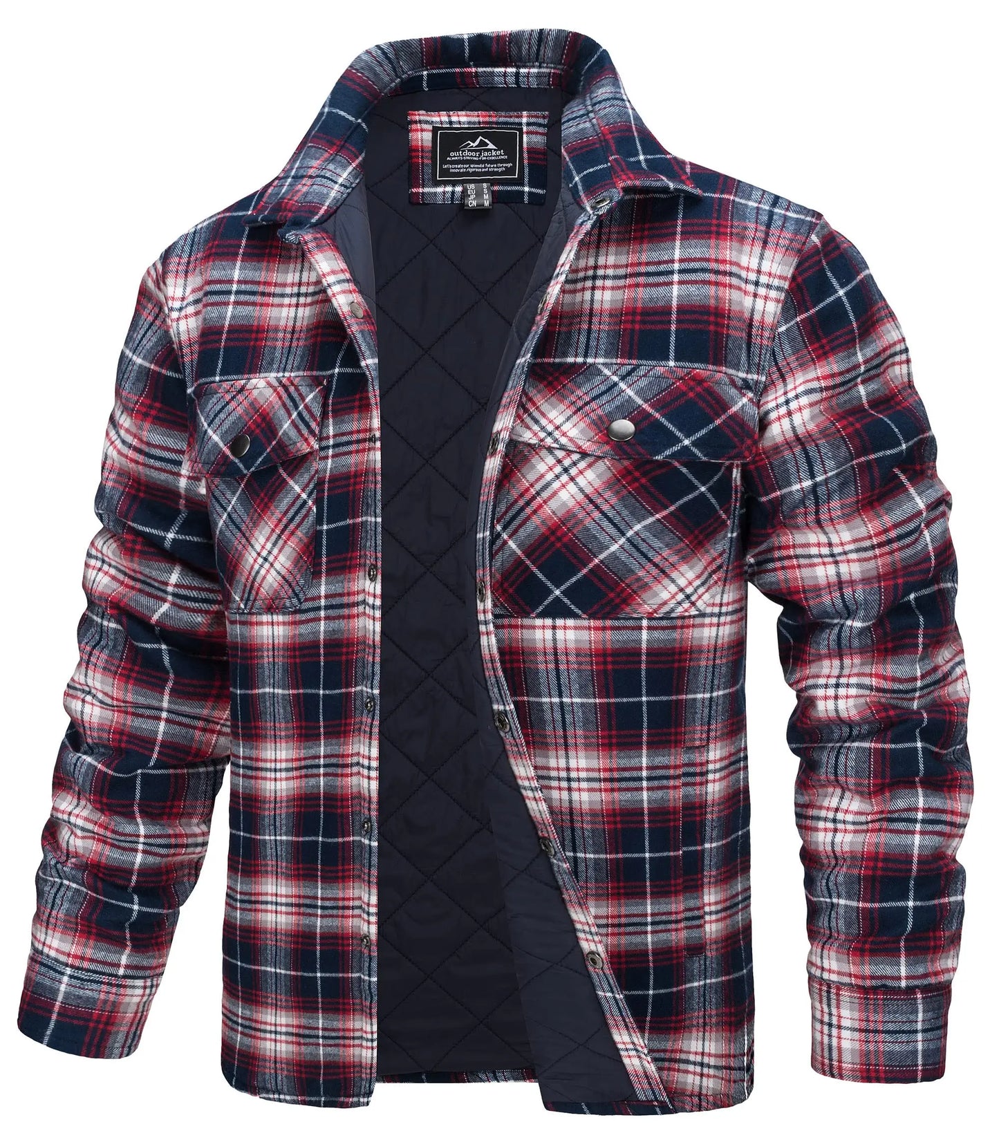 Winter Plaid Cotton Jackets Mens Long Sleeve Quilted Lined Flannel Shirt Jacket Multi-Pockets Outwear Hiking Coats Tops