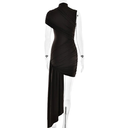 Summer Draped Ruched Sexy Mini Dress Women 2025 New Irregular High Waist Slim Fit Dress Female Elegant Club Tank Dress