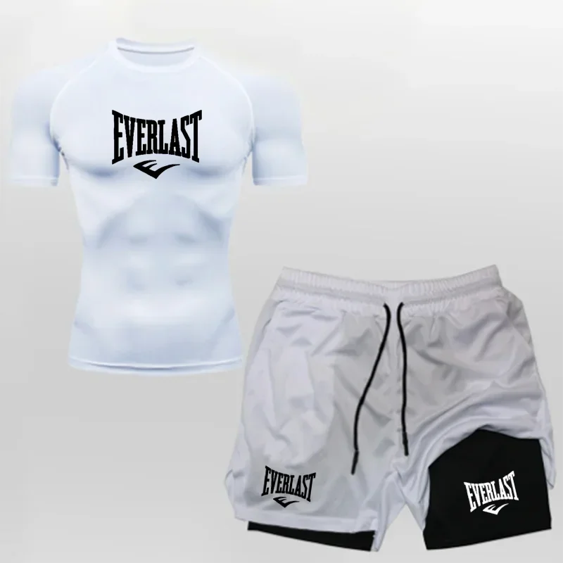 Men's Compress Shirt + 2-in-1 sports shorts 2pcs Set Leisure Breath Short Sleeve Sport Jogging Gym Brand Print Clothing