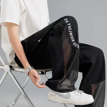 Men's Ice Silk Pants, Summer Thin Mesh Breathable Sports Loose Casual Long Pants, Cool Touch, Mosquito Proof Pants