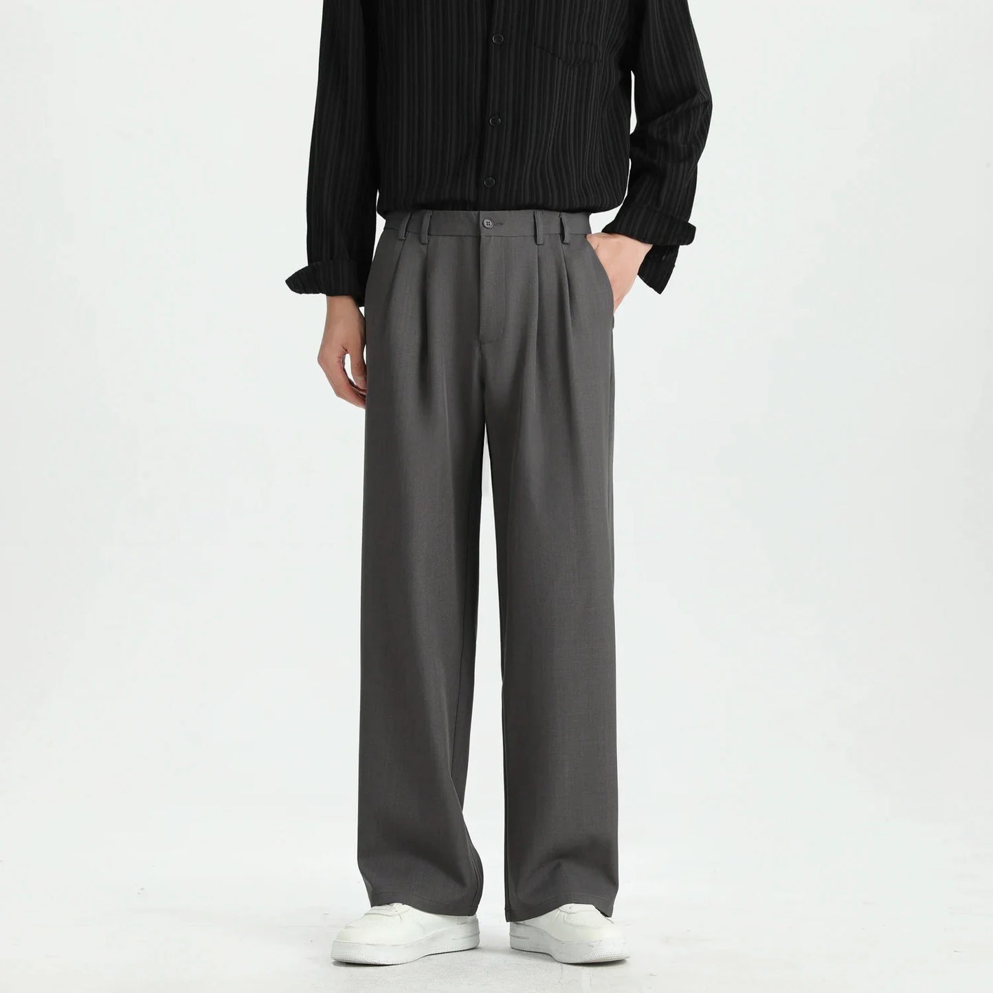 Spring New Loose Straight Pants Men Elastic Waist Double Pleats Wide Legs Casual Drape Fashionable Anti-wrinkle Trousers
