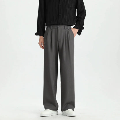 Spring New Loose Straight Pants Men Elastic Waist Double Pleats Wide Legs Casual Drape Fashionable Anti-wrinkle Trousers