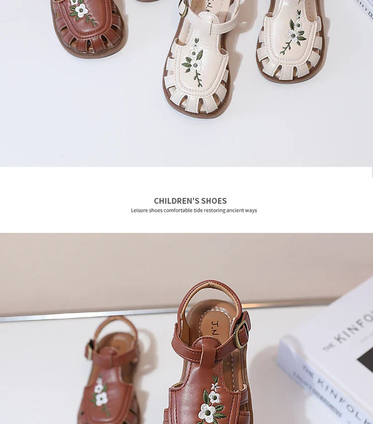 Traditional Chinese Embroidery Kids Shoes for Girl Sandals Summe Retro Princess Shoes Roman Style Girls Leather Shoes Kid F05173