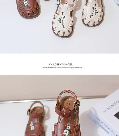 Traditional Chinese Embroidery Kids Shoes for Girl Sandals Summe Retro Princess Shoes Roman Style Girls Leather Shoes Kid F05173
