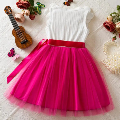 Vestido de Aniversário Infantil Menina Sem Mangas Elegante Flor 3D Tule Princesa Vestido de Verão 3-7 Anos Malha Doce Roupa Presente de Aniversário