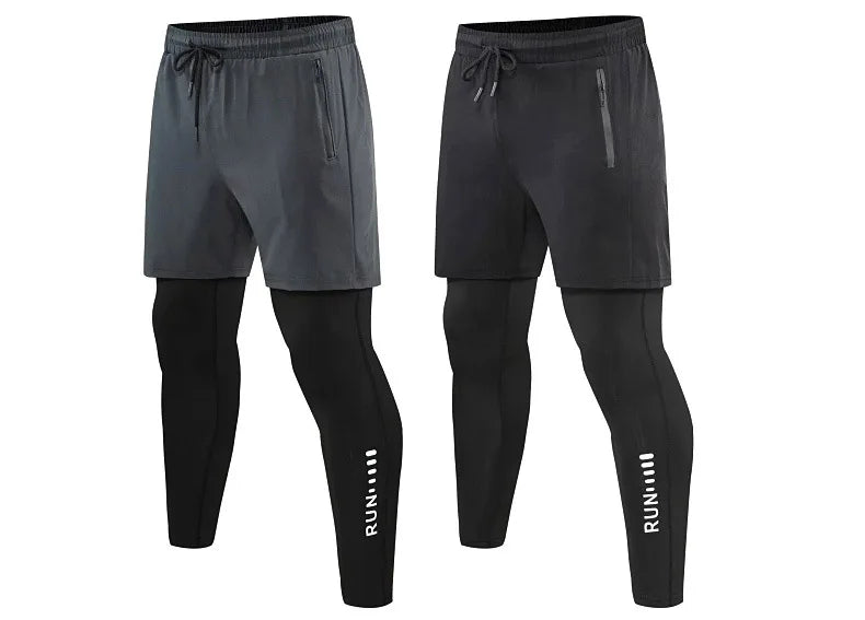 Men 2 In 1 Running Pants Double Layer Pant Tight Training Basketball Legging Fitness Sweatpant With Pockets Running Trousers
