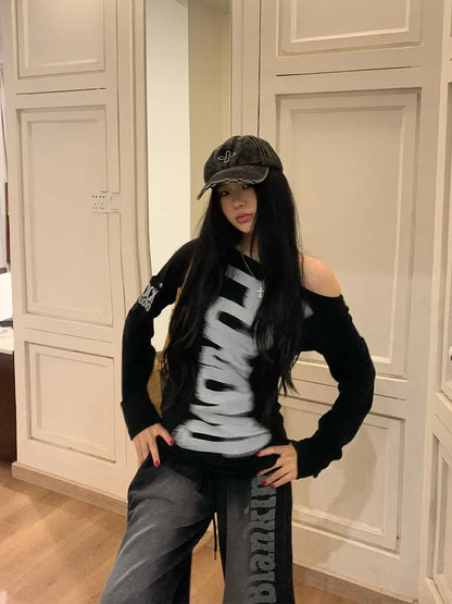 American Retro Print T-shirt Women Long Sleece Button Graphic Tops Y2k Tops 2000s Japanese Grunge Tops E-girls Autumn