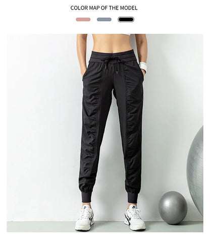 Fabric Drawstring Running Sport Joggers Women Quick Dry Athletic Gym Fitness Sweatpants with Two Side Pockets Exercise Pants