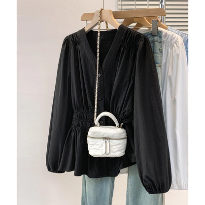 2026 V-neck Long Sleeved Plus Size Shirt Loose Pleated Ruffle Oversized Tops Ladies Chic Elegant Solid Versatile Blouse