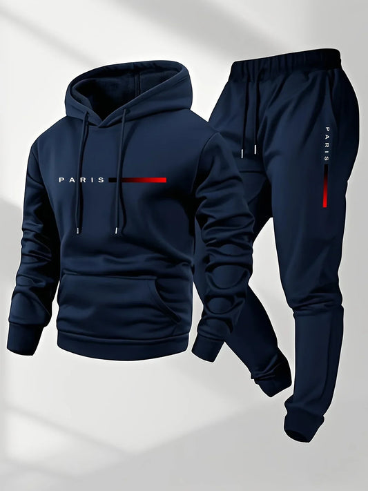 PARIS Letter Print Sweatshirt Suit Men's Fleece Hoodie Pants Set Spring Autumn Winter Warm Casual Sports Pullover Trousers Sets