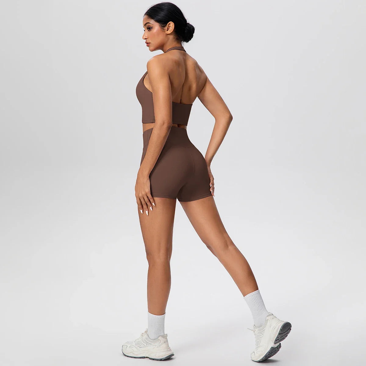 2picese Women Yoga Suit Solid Color High Waist Hip Push Up Fitness Shorts Sexy Pilates Backless Gym Hanging Neck Bra Yoga Set