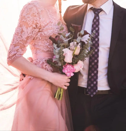 Vestidos de Renda Decote Redondo Noite Elegantes Meia Manga Aplicações Tule Festa Formal Longo Sem Costas Com Cinto Robe De