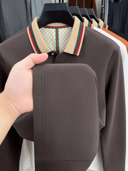 High end men's long sleeved polo shirt autumn fashion brand bee embroidery new business and casual color blocked lapel T-shirt