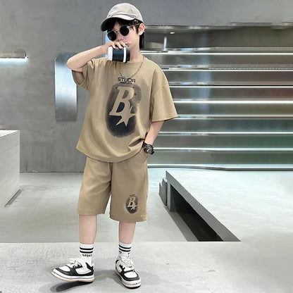 New Summer Teenager Boys Clothing Set Cotton Letter Short Sleeve T-shirt Shorts 2Pcs For 4-14 Years Kids Tracksuits Child Cloth