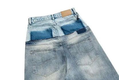 Niche Colorblock Patchwork Wide Leg Blue Jeans Men's Spring 2025 New Straight Double Waist Design Denim Trousers 28W6048