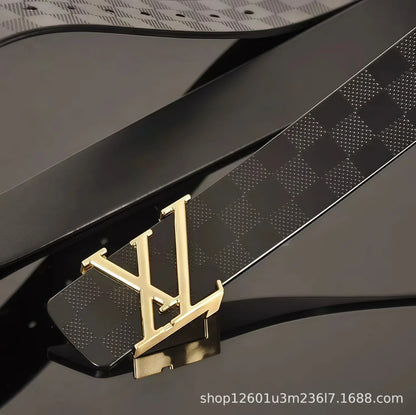 Light Luxury Mens Leather Belt Smooth Buckle Genuine Cowhide Perforated Pattern Fashion Trendy High End Versatile