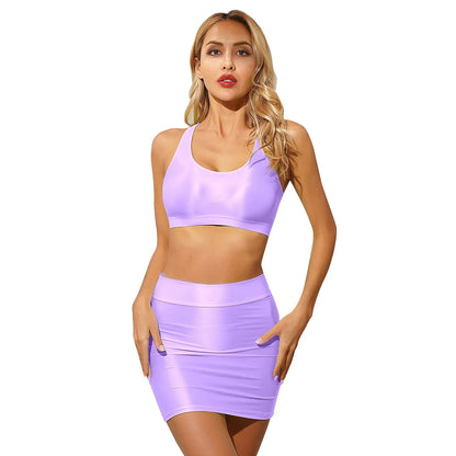 Womens Glossy Lingerie Sleeveless Crop Tank Tops Low Rise Miniskirt with Thigh High Stockings Pool Party Pole Dance Clubwear