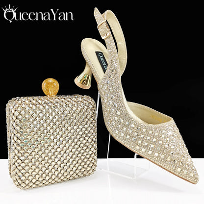 Italian Design Rhinestone Luxury Navy Blue Pointed Toe Shoe & Bag Set Women High Heels for Parties High Quality