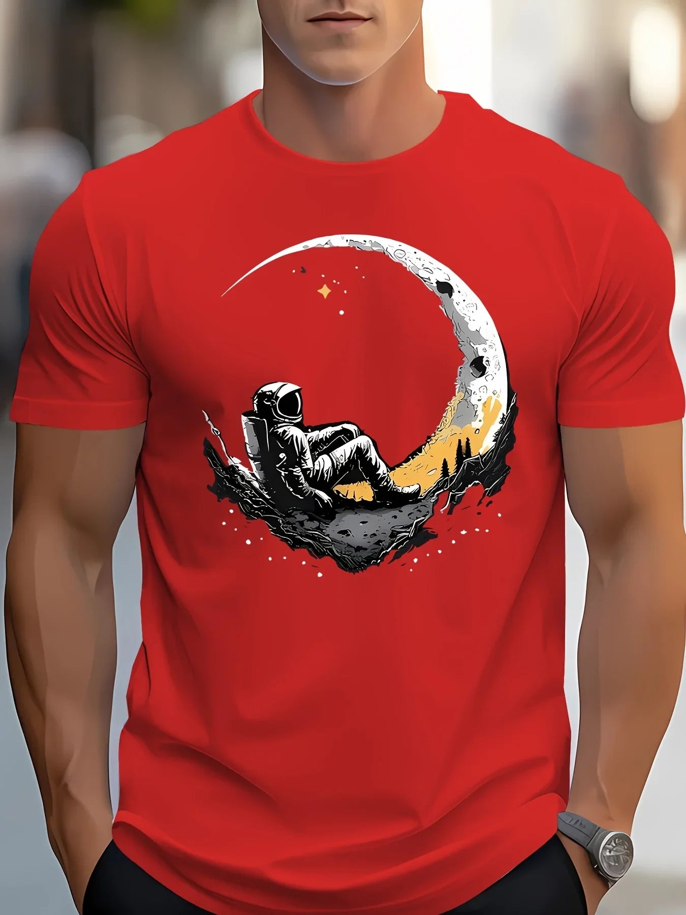 Men's summer 100 cotton fashionable casual loose plus size landing moon pattern printed sports round neck short sleeved T-shirt