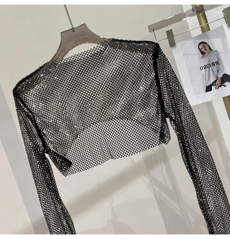 new sexy bright diamond short top Slim thin Ms. hot drill long-sleeved T-shirt sexy leak waist nightclub