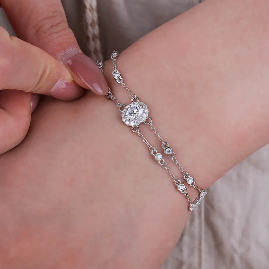 1carat Oval Cut Full Moissanite Diamond Charm Bracelet with Round Bubble S925 Silver Wrist Chain for Women Luxury Jewelry Gift