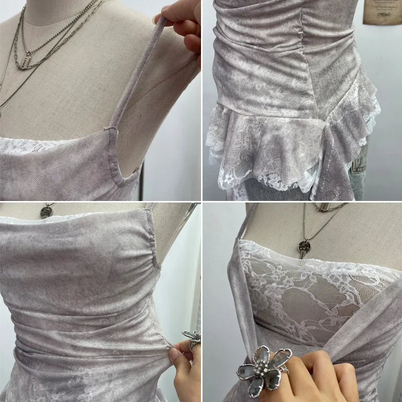 Summer Y2K Camisole for Women Casual Spaghetti Straps Double Layers Lace Stretch Mesh Patchwork Asymmetrical Slim Tops