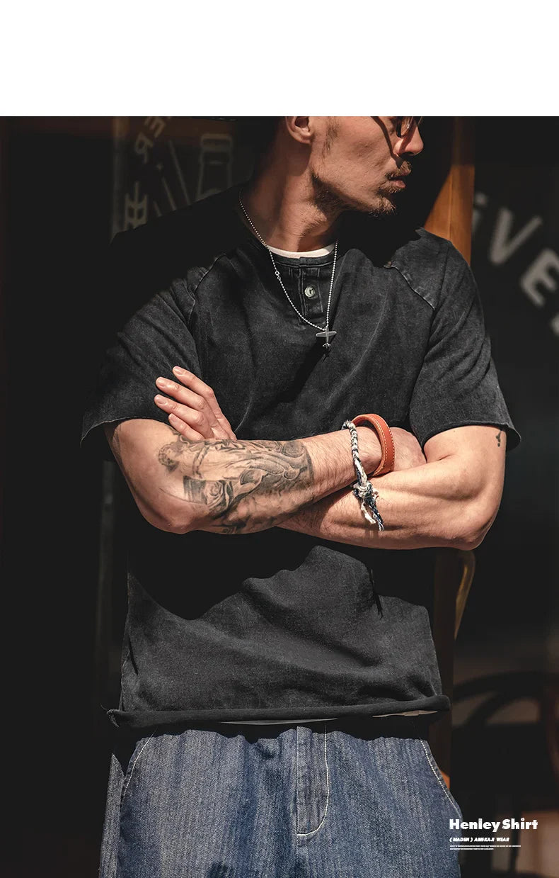 Japanese Vintage Heavyweight Henley T-Shirt Men Distressed Loose Short Sleeve Tops Casual Button Cotton Washed Tee Shirts