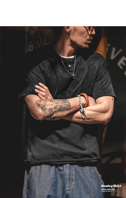 Japanese Vintage Heavyweight Henley T-Shirt Men Distressed Loose Short Sleeve Tops Casual Button Cotton Washed Tee Shirts