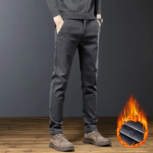 Classic Men's Fleece Slim Pants Winter Casual Velvet Business Straight Solid Thick Plush Trousers Brand Clothing Man Pants